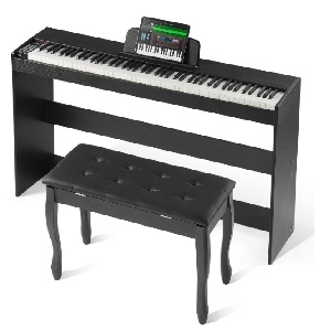Piano digital con soporte para partituras, altavoces y conexión de auriculares